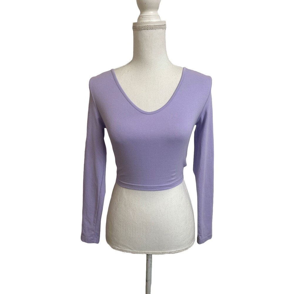 Shein Women's XS Lavender Long Sleeve Crop Shirt Top Cotton Stretch V-Neck NEW